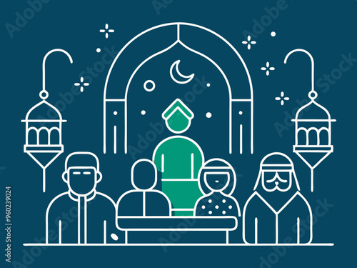 Mehfil-e sama or qawwali Night concept, gathering for spiritual listening vector outline icon, Muslim marriage Symbol, Islamic wedding customs Sign, Pakistani matrimony stock illustration
