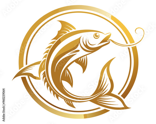 Gold circle fishing logo luxury and elegant logotype vector art illustration 