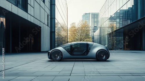 Single AI-powered electric vehicle in a sustainable urban setting, minimalistic scene with large empty space around, copy space for stock photo with minimal concept, No logo, No Trademark, No text photo