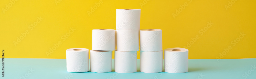 Stack of white toilet paper rolls against turquoise background Stack of white toilet paper rolls against turquoise background
