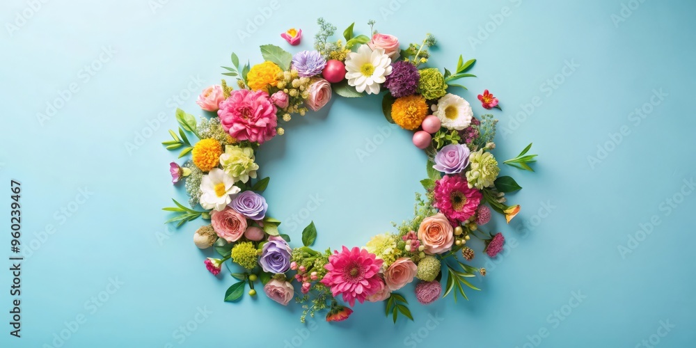 Colorful flower composition wreath on pastel blue background with copy space, perfect for spring and summer concepts Colorful flower composition wreath on pastel blue background with copy space, perfect for spring and summer concepts