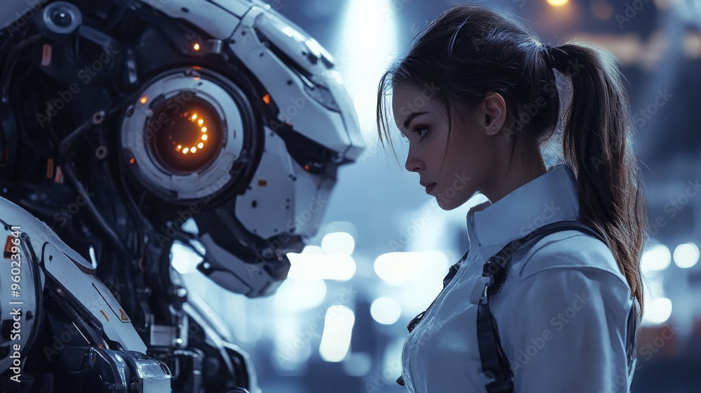 Naklejka premium Female engineer control robot in factory