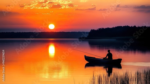 A serene sunset over a tranquil lake with a silhouette of a lone fisherman.