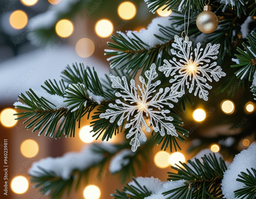 The close-up image captures the glow of Christmas lights as they wind around the tree’s branches and beautiful snow flower The close-up image captures the glow of Christmas lights as they wind around the tree’s branches and beautiful snow flower