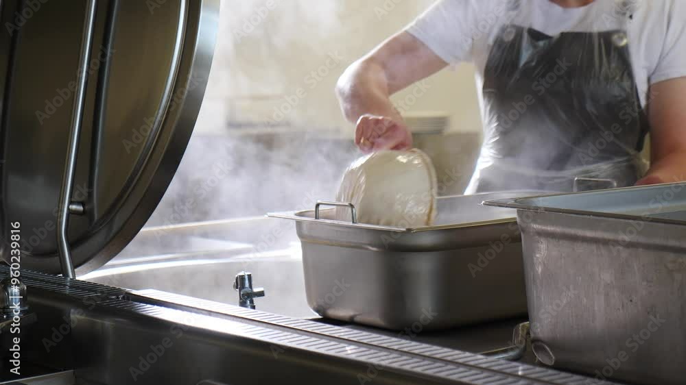 Professional chef pours freshly made food into a bain marie to keep it warm and delicious in a commercial kitchen Professional chef pours freshly made food into a bain marie to keep it warm and delicious in a commercial kitchen