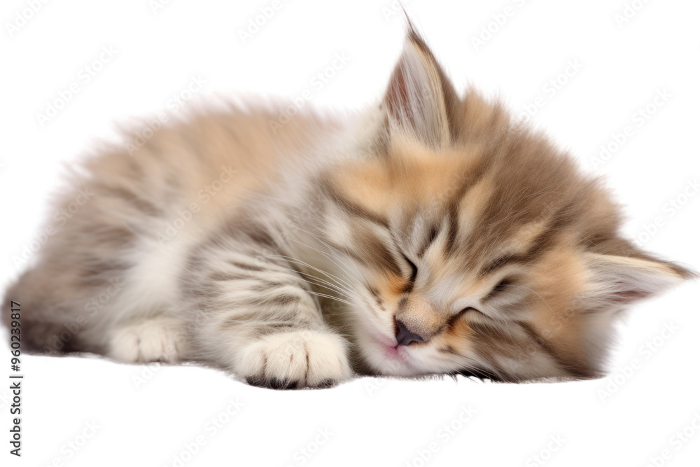 Obraz premium Cute, fluffy, sleeping kitten on a white background