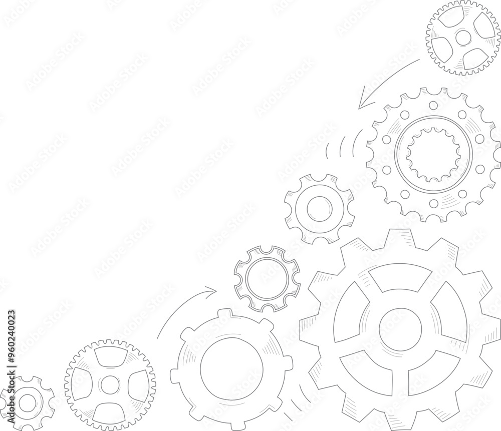 Hand drawn gear cogwheel. Doodle sketch style color gear mechanism. Concept of business idea, teamwork, progress background. Doodle cog corner. Hand drawn gear cogwheel. Doodle sketch style color gear mechanism. Concept of business idea, teamwork, progress background. Doodle cog corner.