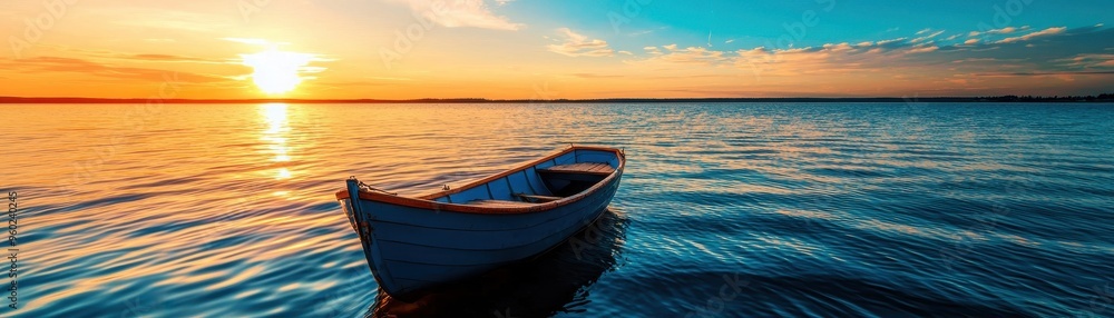 Naklejka premium Tranquil sunrise over calm lake with a solitary rowboat on the water, creating a peaceful and serene morning scene.