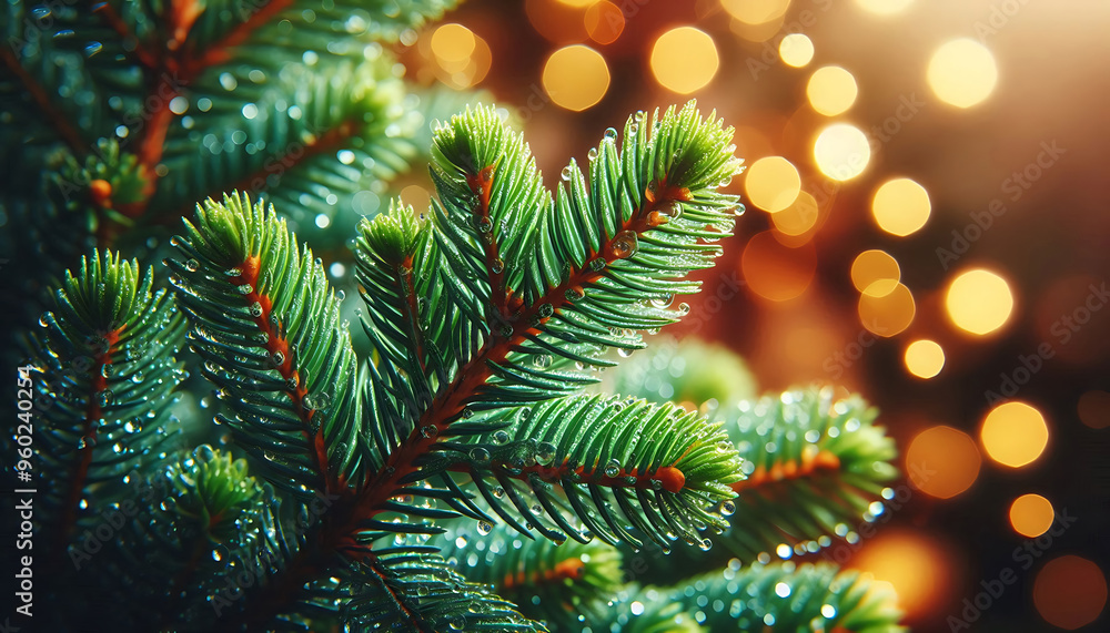 A pine tree branch with droplets of water showcasing vibrant green needles. The background features soft blurred bokeh lights in warm tones a festive atmosphere A pine tree branch with droplets of water showcasing vibrant green needles. The background features soft blurred bokeh lights in warm tones a festive atmosphere