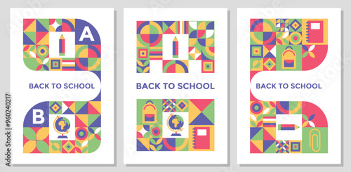Back to school vertical banner set. Modern geometric background. Mosaic set of icons in minimalist style. Trendy geometric elements on educational poster for school