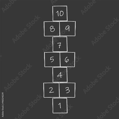 Hopscotch chalk doodle drawing, street Jumping game kids activity. Hop scotch with numbers. Summer outdoor fun. 