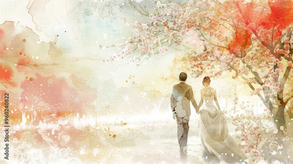 Two people stroll together amidst blooming cherry trees, showcasing their love in a colorful spring setting filled with soft hues Two people stroll together amidst blooming cherry trees, showcasing their love in a colorful spring setting filled with soft hues