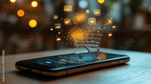 Wallpaper Mural Shopping cart icons coming out of a mobile phone screen, illustrating the concept of online purchases through apps. Torontodigital.ca