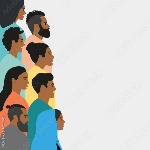 Flat vector illustration. Concept for Black History Month, African American Achievements. Old, young, adult Africans, different religions, Islam and Christianity. Men and women.	