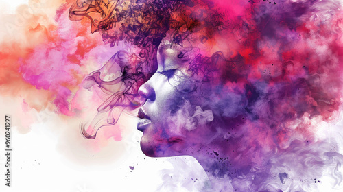 Colorful swirls and smoke envelop a woman's profile, symbolizing creativity and emotional depth in an artistic and imaginative concept photo