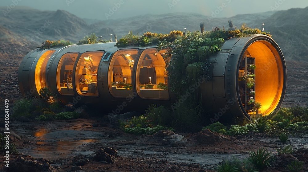 Futuristic habitat module designed for Mars exploration showing sustainable lifesupport systems Futuristic habitat module designed for Mars exploration showing sustainable lifesupport systems
