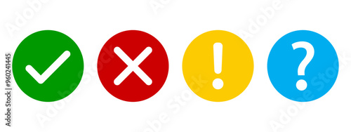 set of flat round check mark, x mark exclamation point and question mark. checkmark, exclamation, x mark and question mark icon. vector illustrations in outline color green, yellow, red and blue