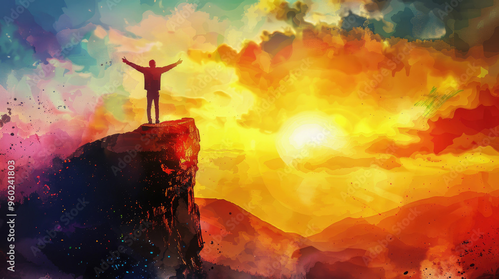 A person with outstretched arms enjoys the colorful sunset from a rocky vantage point overlooking the mountains and valleys below A person with outstretched arms enjoys the colorful sunset from a rocky vantage point overlooking the mountains and valleys below