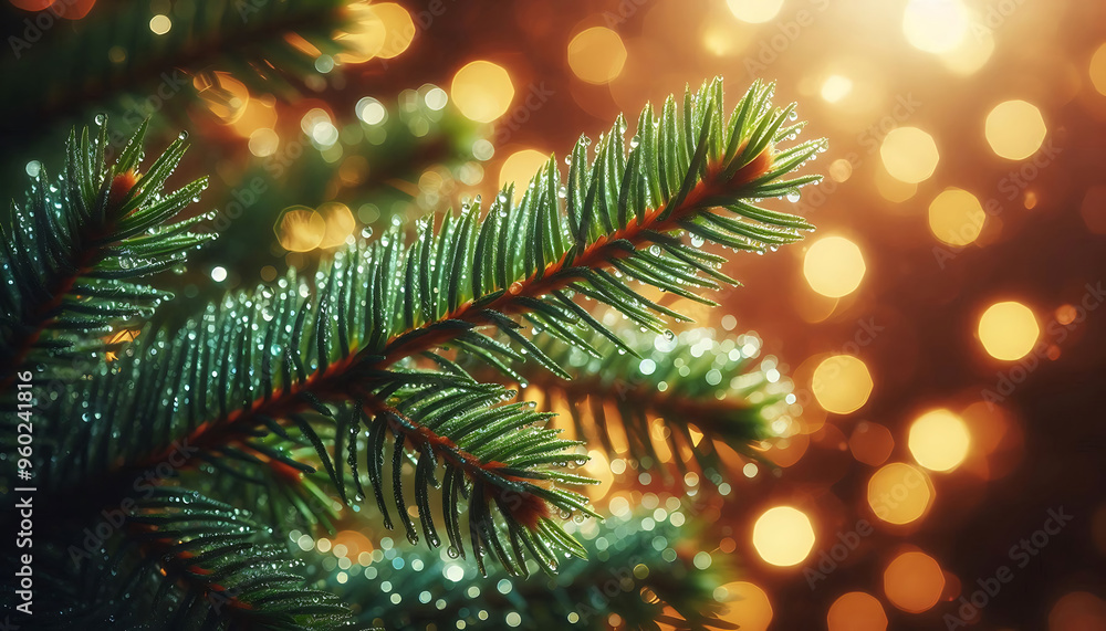 A pine tree branch with droplets of water showcasing vibrant green needles. The background features soft blurred bokeh lights in warm tones a festive atmosphere A pine tree branch with droplets of water showcasing vibrant green needles. The background features soft blurred bokeh lights in warm tones a festive atmosphere