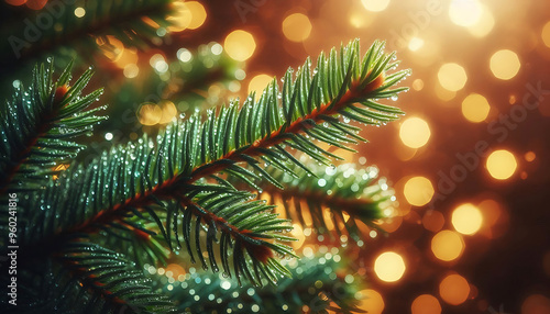 A pine tree branch with droplets of water showcasing vibrant green needles. The background features soft blurred bokeh lights in warm tones a festive atmosphere