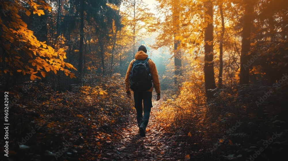 Man Hiking Through a Forest Man Hiking Through a Forest