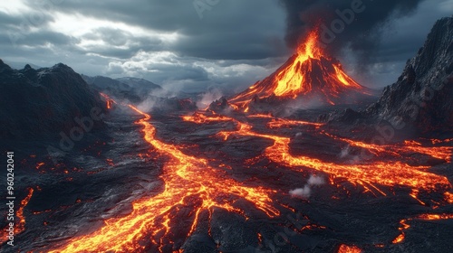 A stunning view of a volcanic eruption with lava flowing down the sides of the mountain.