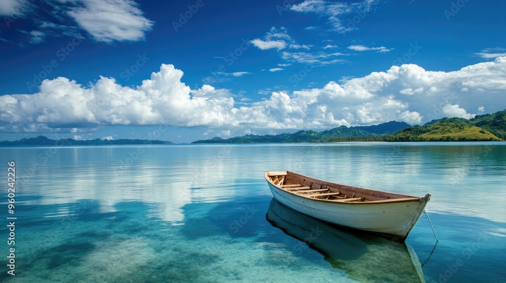 A traditional Fijian boat anchored in the calm waters of the Mamanuca Islands. A traditional Fijian boat anchored in the calm waters of the Mamanuca Islands.