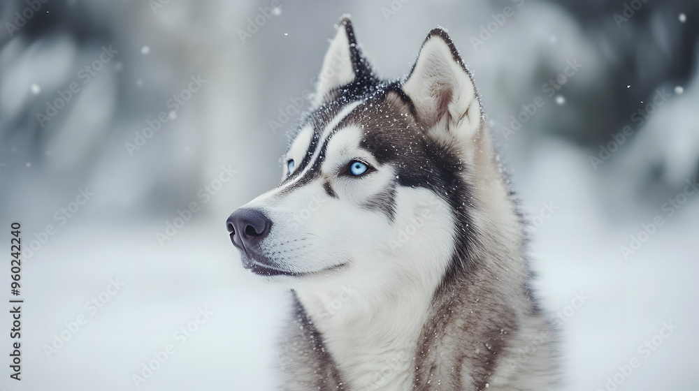 Detailed Portrait of a Majestic Siberian Husky with Striking Blue Eyes, Set Against a Snowy Backdrop. This Stunning Dog Captures Attention with Its Unique Eye Color and Regal Presence Detailed Portrait of a Majestic Siberian Husky with Striking Blue Eyes, Set Against a Snowy Backdrop. This Stunning Dog Captures Attention with Its Unique Eye Color and Regal Presence