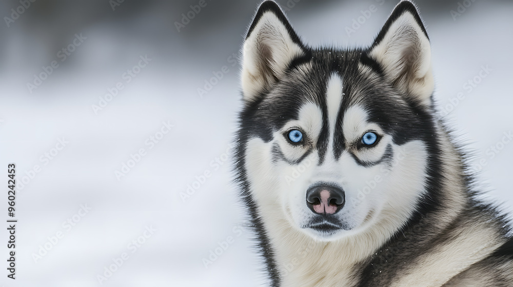 Detailed Portrait of a Majestic Siberian Husky with Striking Blue Eyes, Set Against a Snowy Backdrop. This Stunning Dog Captures Attention with Its Unique Eye Color and Regal Presence Detailed Portrait of a Majestic Siberian Husky with Striking Blue Eyes, Set Against a Snowy Backdrop. This Stunning Dog Captures Attention with Its Unique Eye Color and Regal Presence