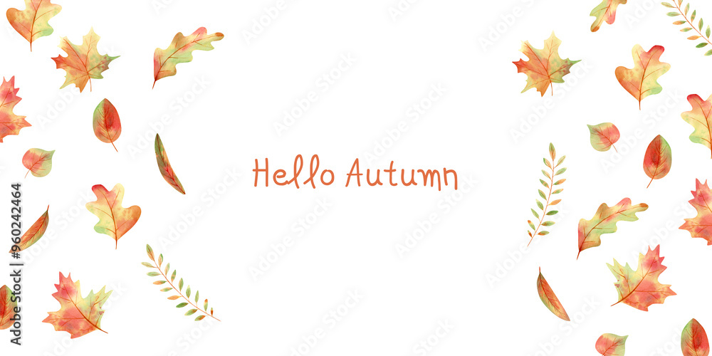 Hello autumn watercolor banner. Hand drawn illustration with oak, maple, birch and willow leaves. Frame, background in warm colors Hello autumn watercolor banner. Hand drawn illustration with oak, maple, birch and willow leaves. Frame, background in warm colors