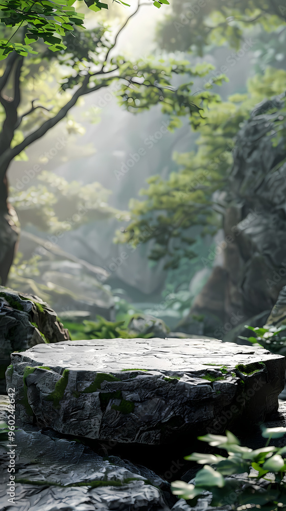 Stone podium on rock platform 3d illustration, product display stand on grey rock pedestal, green forest and blurred background, natural scenery landscape. Stone podium on rock platform 3d illustration, product display stand on grey rock pedestal, green forest and blurred background, natural scenery landscape.