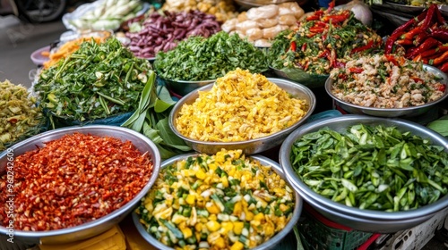 Assorted Food Ingredients in Metal Bowls at a Market Stall