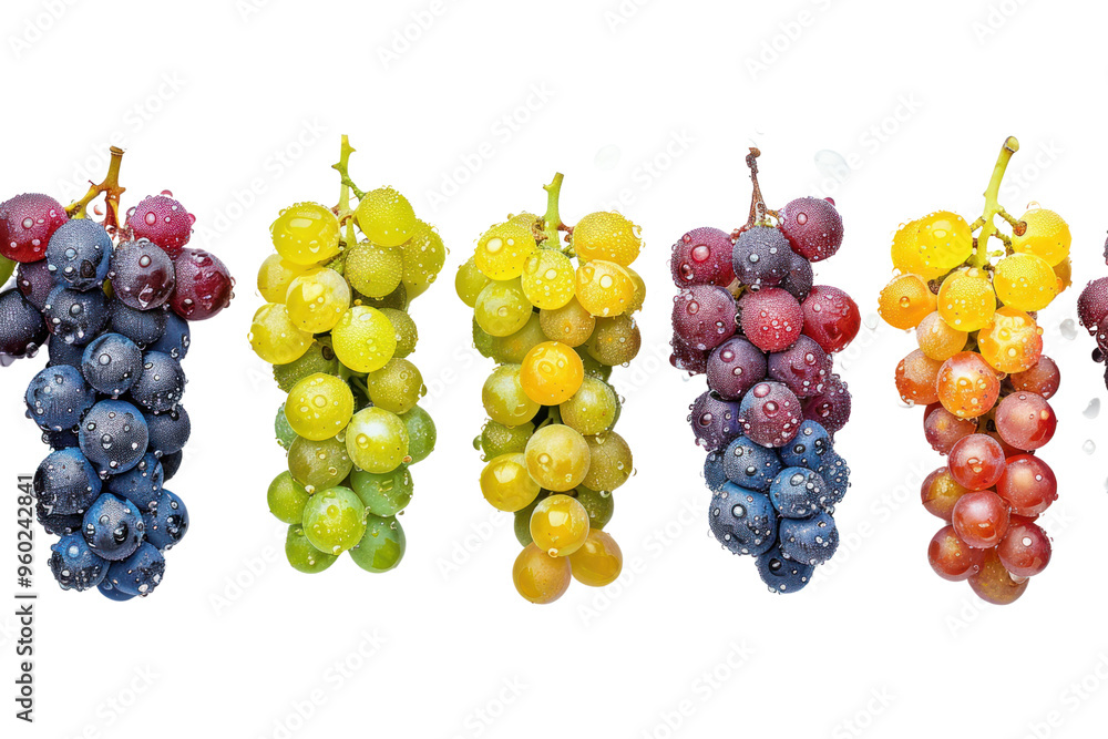Colorful grapes arranged in a row isolated on a white background showing dew drops on the fruit Colorful grapes arranged in a row isolated on a white background showing dew drops on the fruit