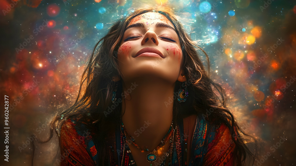A serene woman with a joyful expression amidst a colorful background. A serene woman with a joyful expression amidst a colorful background.