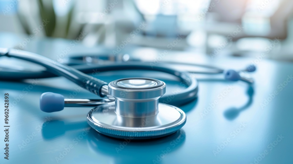 Closeup of a Stethoscope on a Blue Table Closeup of a Stethoscope on a Blue Table