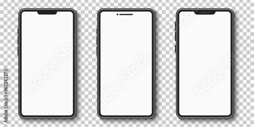 Mockup smart phones set on transparent background. Smartphone with empty white screen for your design. Modern hi-tech gadget. Vector illustration. EPS 10.
