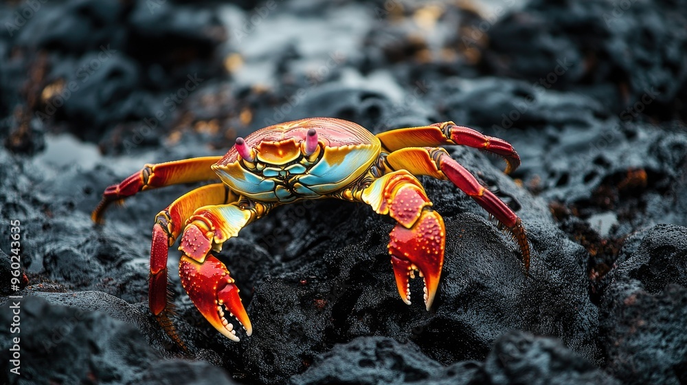 A vibrant red Sally Lightfoot crab crawling over black lava rocks along the Galapagos coast. A vibrant red Sally Lightfoot crab crawling over black lava rocks along the Galapagos coast.