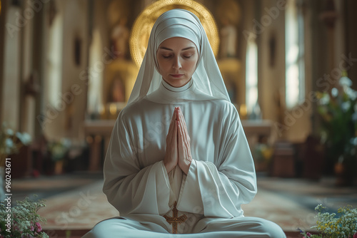 Portrait of a nun praying for blessings in a church