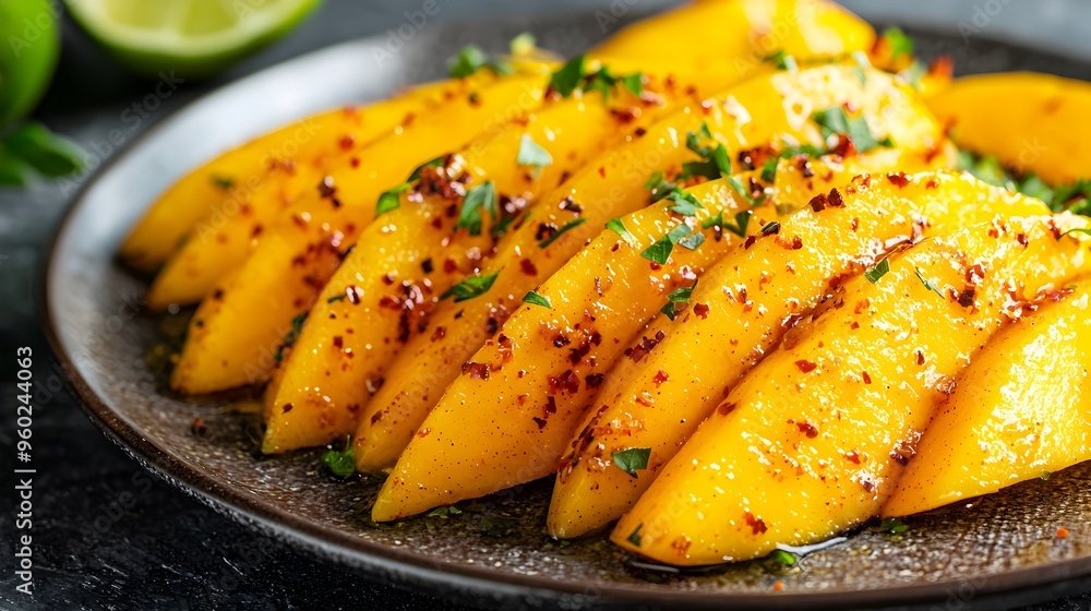 Flavorful Mango Slices with Chili Lime Seasoning on a Minimalist Plate Flavorful Mango Slices with Chili Lime Seasoning on a Minimalist Plate