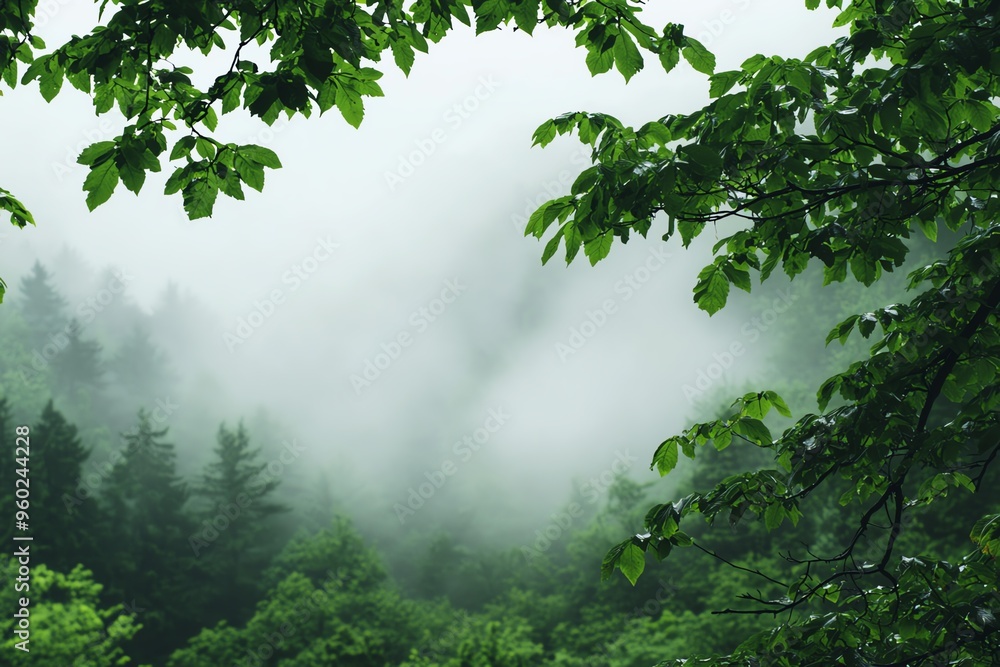 Morning mist rolling through a dense forest, foggy weather, mysterious ambiance Morning mist rolling through a dense forest, foggy weather, mysterious ambiance