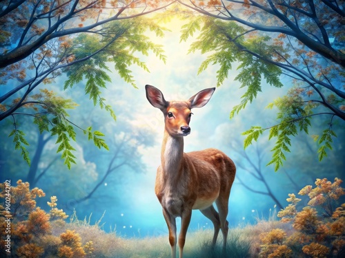 A serene deer stands gracefully in a lush forest, illuminated by gentle sunlight filtering through the trees. photo