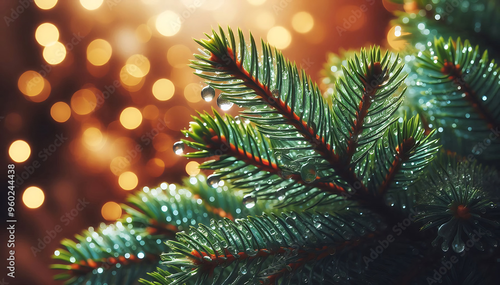 A pine tree branch with droplets of water showcasing vibrant green needles. The background features soft blurred bokeh lights in warm tones a festive atmosphere A pine tree branch with droplets of water showcasing vibrant green needles. The background features soft blurred bokeh lights in warm tones a festive atmosphere