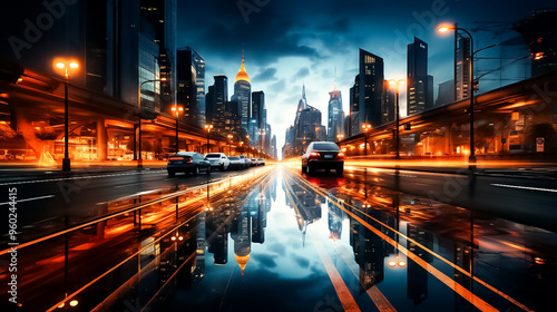 A city with a car driving down the road, night city lights, night traffic in the city, night traffic