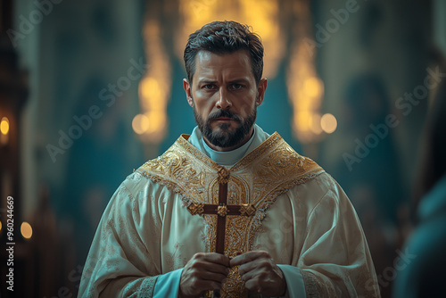 Photo of a priest standing in a church
