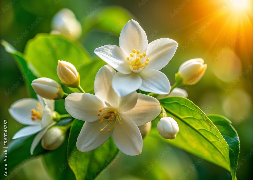 Beautiful white blossoms illuminated by sunlight, surrounded by lush green leaves, perfect for nature-themed projects and designs. Beautiful white blossoms illuminated by sunlight, surrounded by lush green leaves, perfect for nature-themed projects and designs.