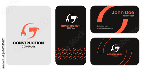 construction logo Construction Company logo, Business Card Design, Black and orange Color Scheme, Hammer and Wrench Logo, Corporate Identity, Professional Branding, Abstract Geometric Patterns photo