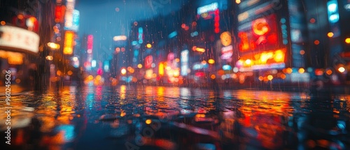 City Lights Reflecting in Rainy Puddle at Night