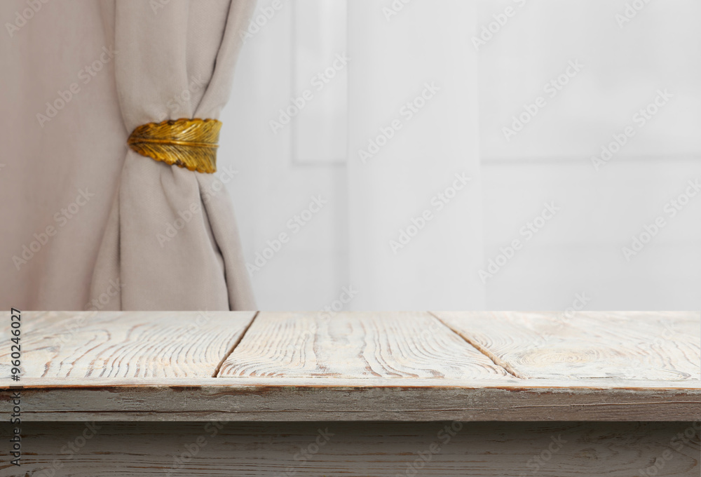 Fotografie Empty white wooden table near window with curtains