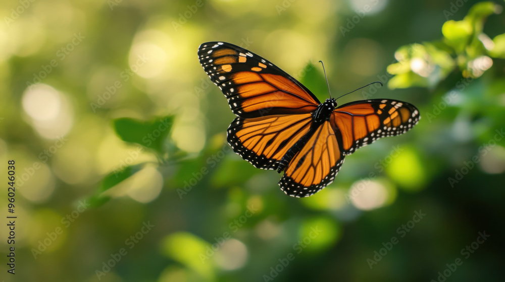 Elegant butterfly captured mid-flight against a background of soft-focus greenery Elegant butterfly captured mid-flight against a background of soft-focus greenery