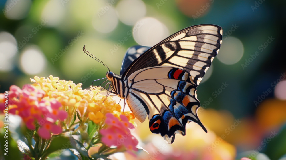 Butterfly with intricate wing patterns feeding on nectar from a bright flower Butterfly with intricate wing patterns feeding on nectar from a bright flower